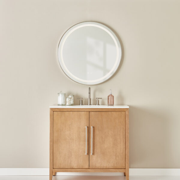 Alder Framed Round LED Lighted Mirror - Brushed Nickel