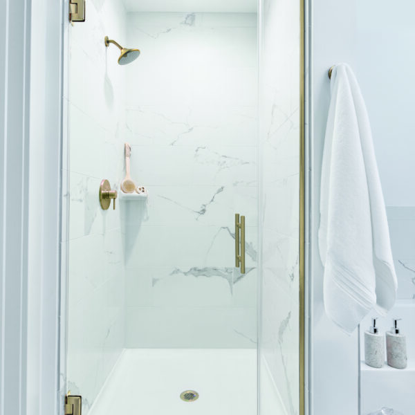 Infinity Frameless Shower Door - Biscayne Handle, Brushed Bronze