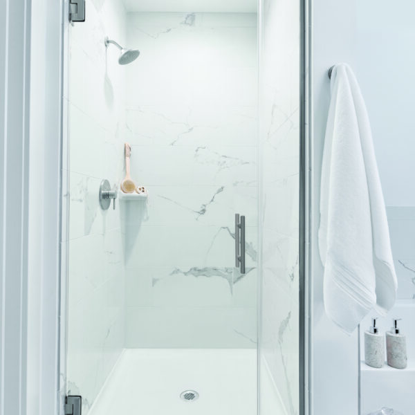 Infinity Frameless Shower Door - Biscayne Handle, Polished Chrome