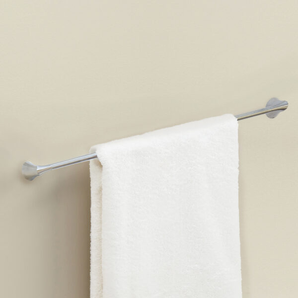 Brushed nickel towel bar with white towel