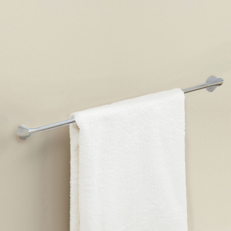 Brushed nickel towel bar with white towel
